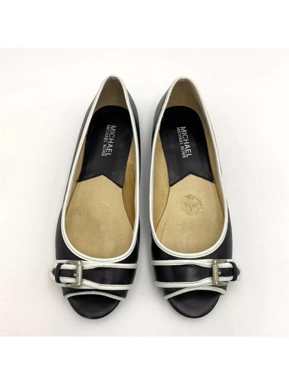 Michael Kors Womens Peep Toe Leather Flats Shoes Black/White Sz 7.5M